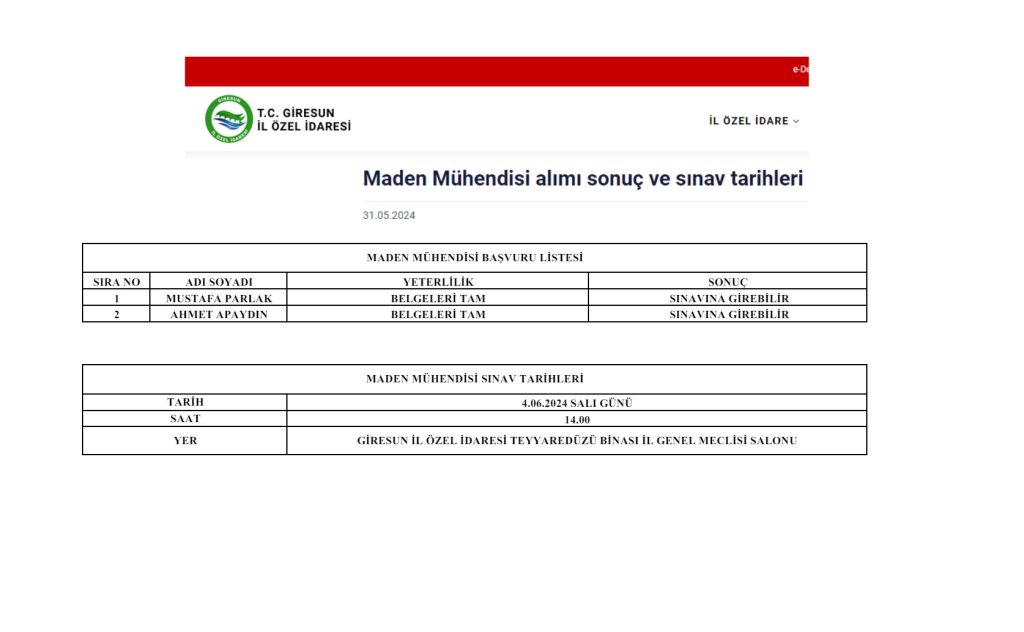 Giresun İl Özel İdaresine Maden Müh. Sınavına hak kazananlar belli oldu